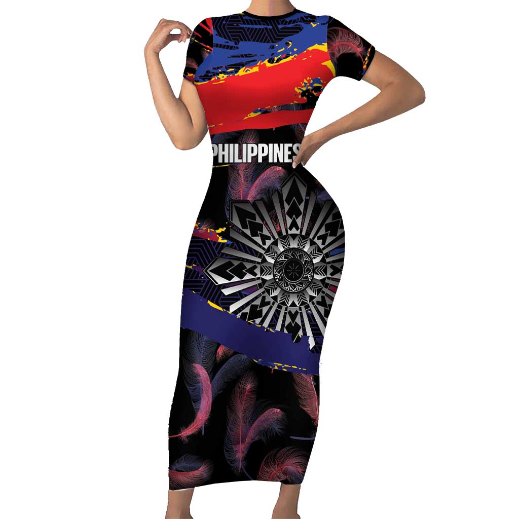 Personalised Philippines Sun Tattoo Short Sleeve Bodycon Dress Feathers Filipinas Grunge Style Black
