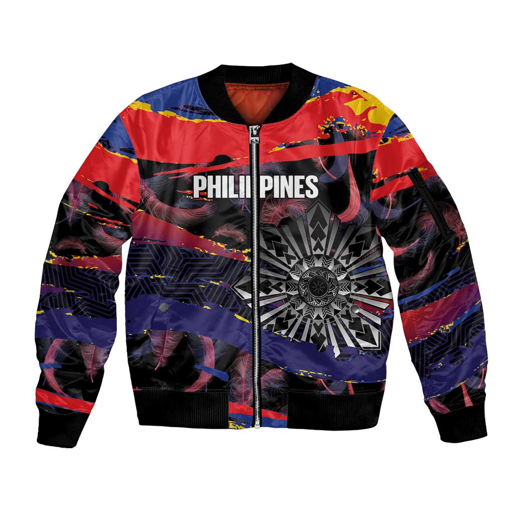 Personalised Philippines Sun Tattoo Sleeve Zip Bomber Jacket Feathers Filipinas Grunge Style Black