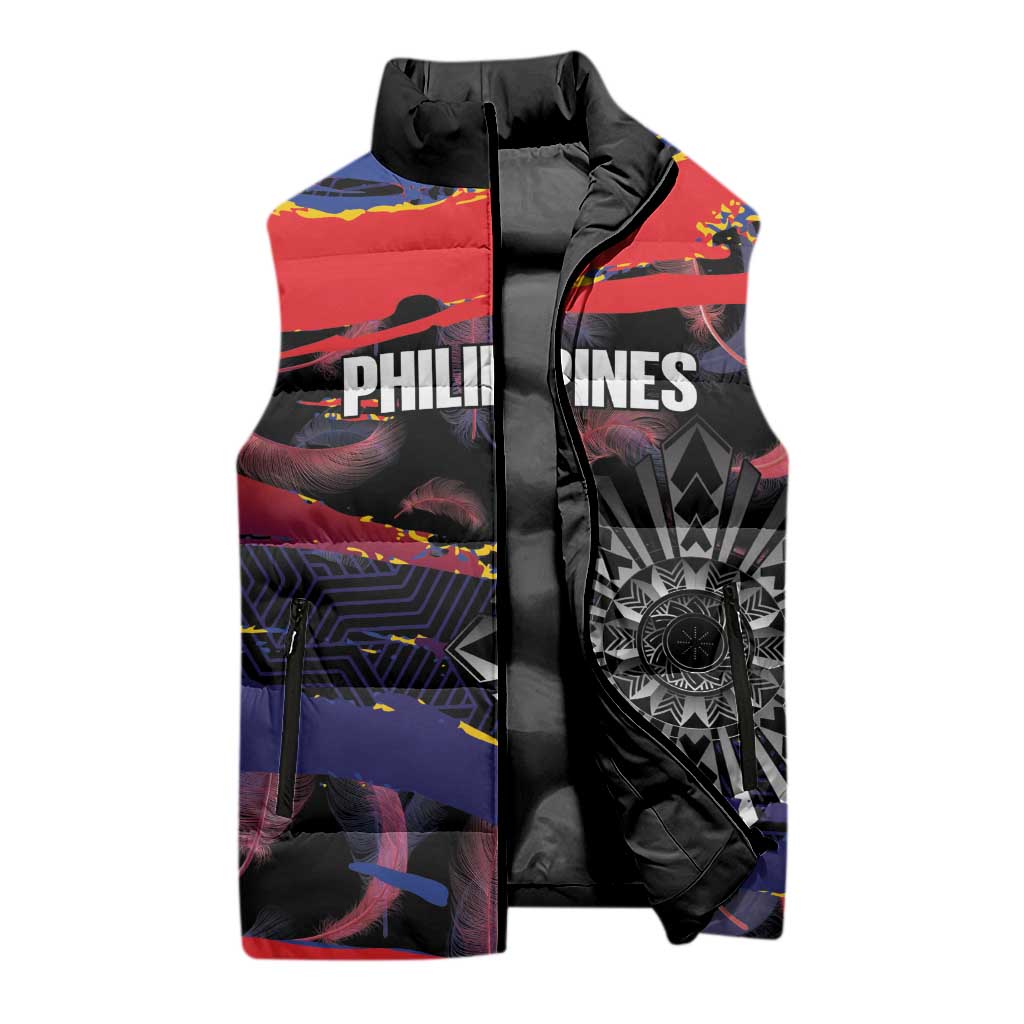 Personalised Philippines Sun Tattoo Sleeveless Puffer Jacket Feathers Filipinas Grunge Style Black