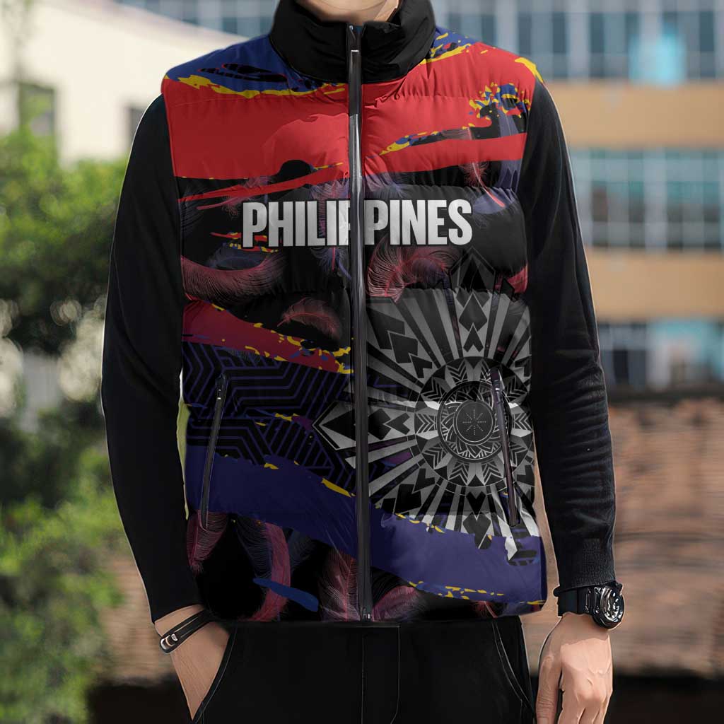 Personalised Philippines Sun Tattoo Sleeveless Puffer Jacket Feathers Filipinas Grunge Style Black