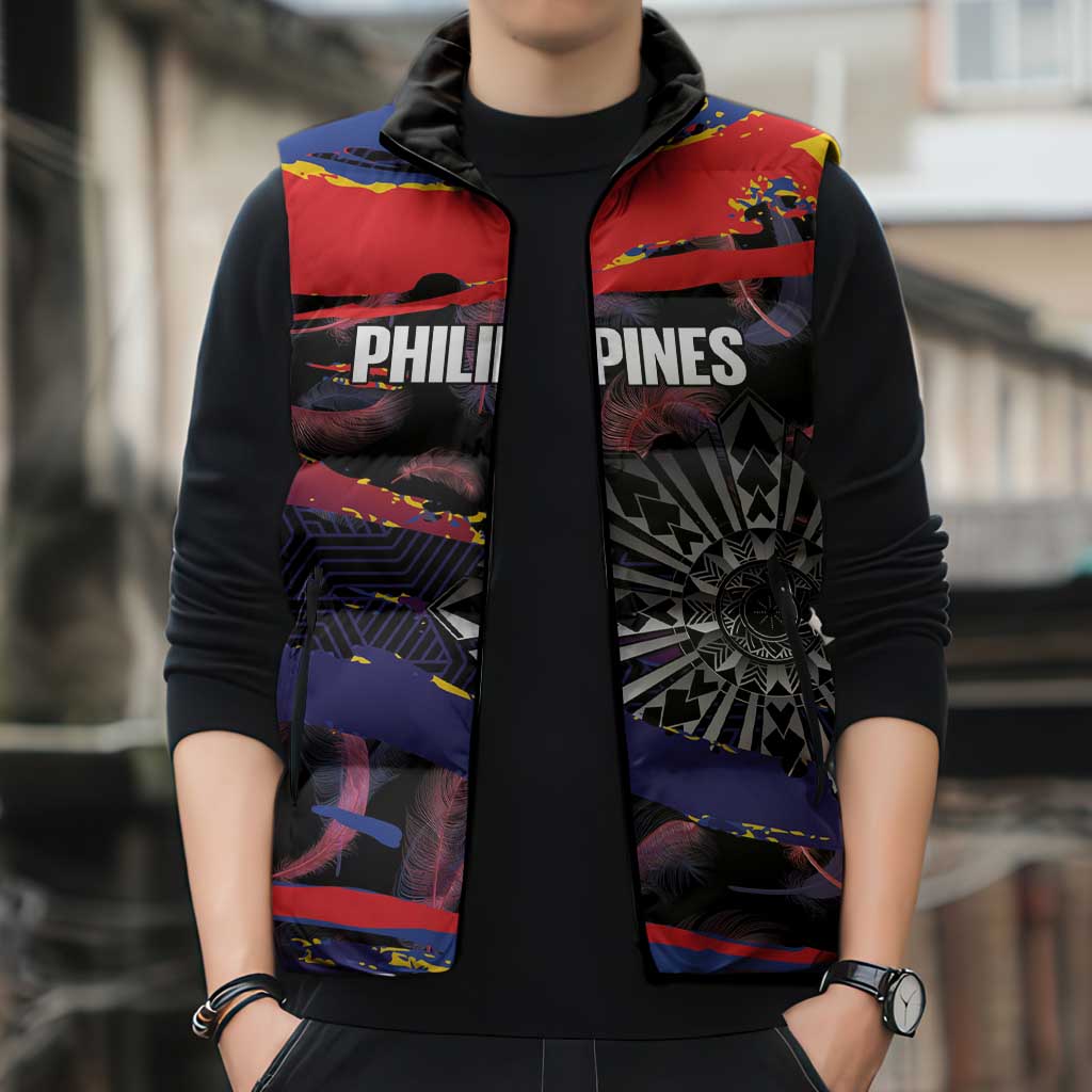 Personalised Philippines Sun Tattoo Sleeveless Puffer Jacket Feathers Filipinas Grunge Style Black