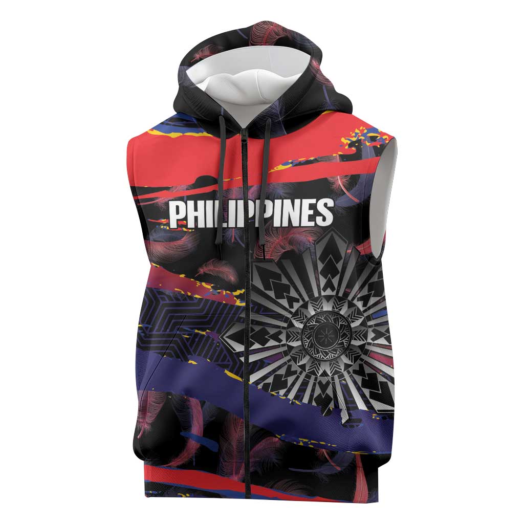 Personalised Philippines Sun Tattoo Sleeveless Zip Hoodie Feathers Filipinas Grunge Style Black