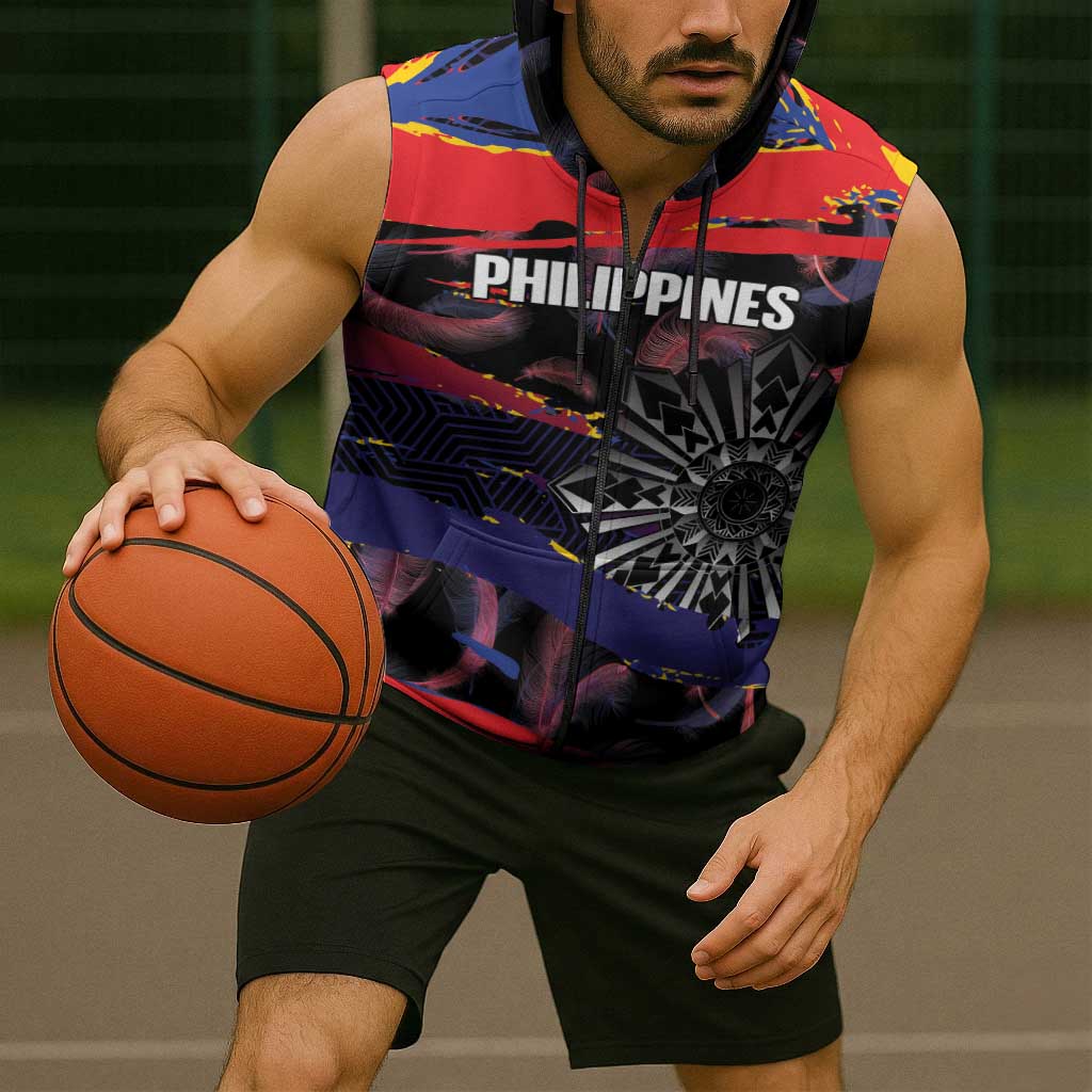 Personalised Philippines Sun Tattoo Sleeveless Zip Hoodie Feathers Filipinas Grunge Style Black
