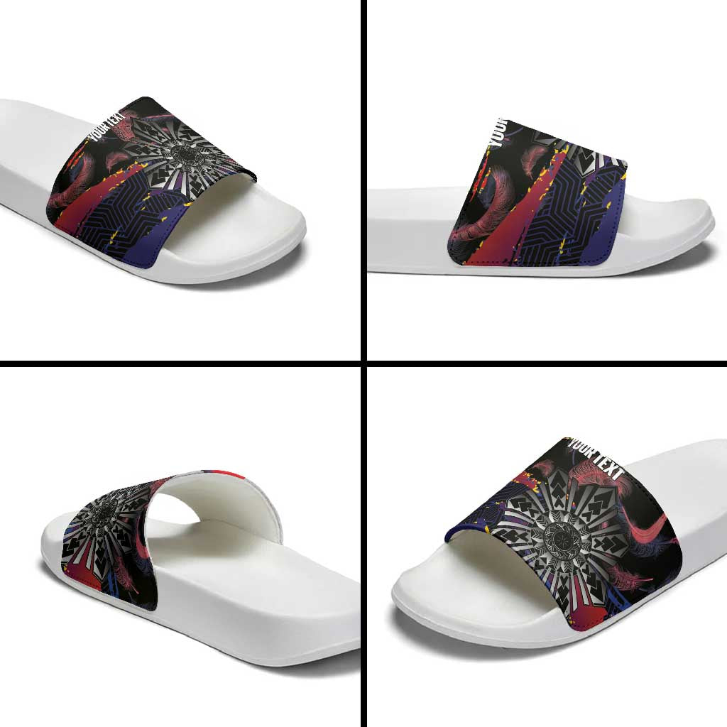 Personalised Philippines Sun Tattoo Slide Sandals Feathers Filipinas Grunge Style Black