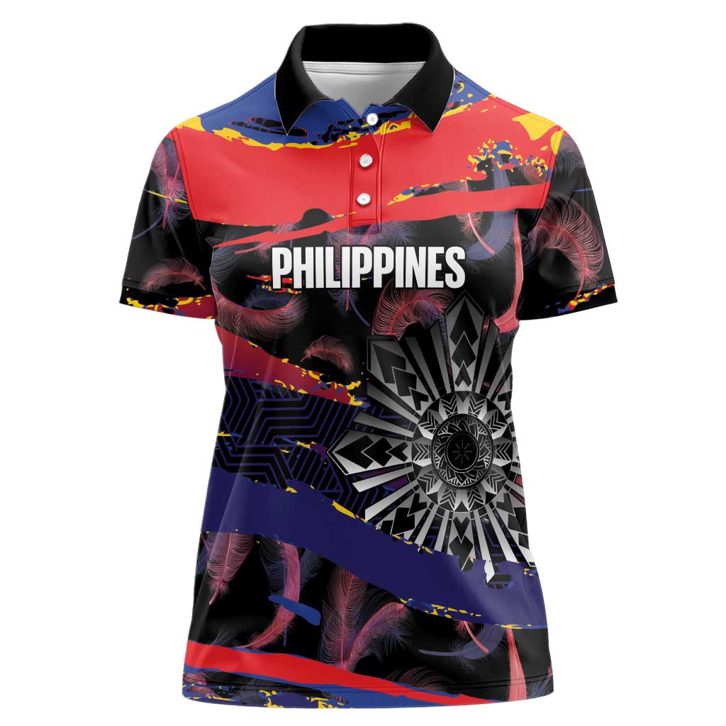 Personalised Philippines Sun Tattoo Women Polo Shirt Feathers Filipinas Grunge Style Black
