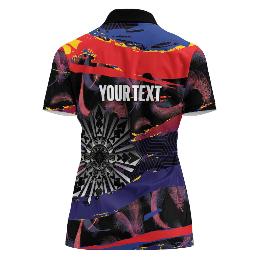 Personalised Philippines Sun Tattoo Women Polo Shirt Feathers Filipinas Grunge Style Black