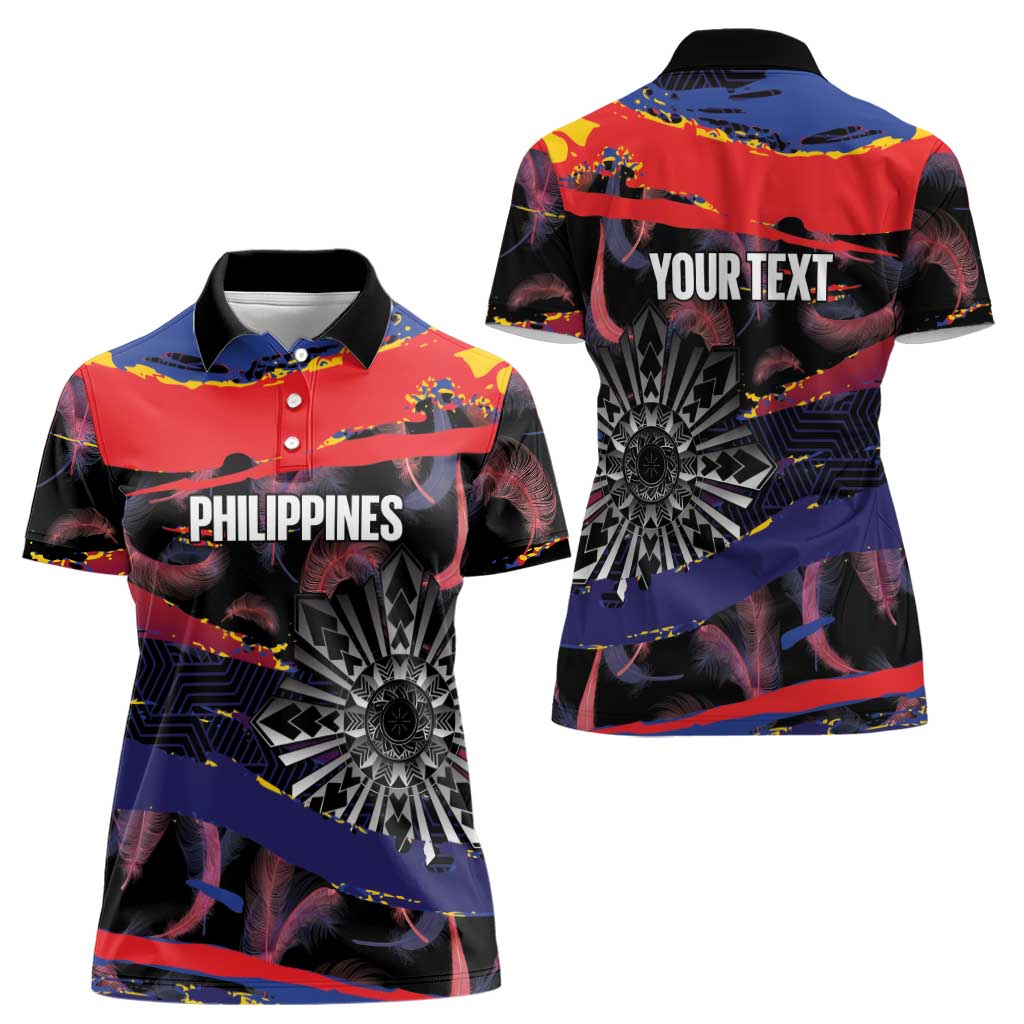 Personalised Philippines Sun Tattoo Women Polo Shirt Feathers Filipinas Grunge Style Black