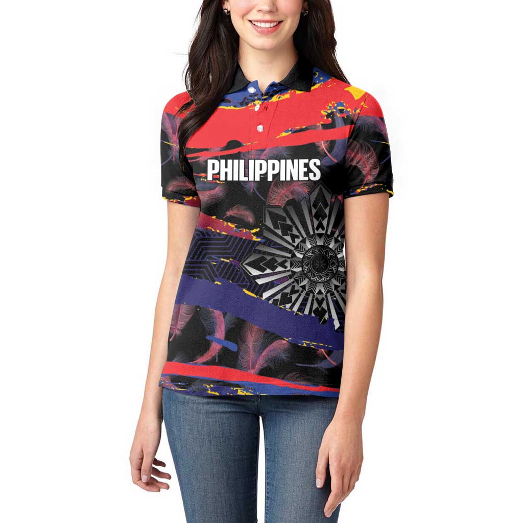 Personalised Philippines Sun Tattoo Women Polo Shirt Feathers Filipinas Grunge Style Black