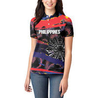 Personalised Philippines Sun Tattoo Women Polo Shirt Feathers Filipinas Grunge Style Black