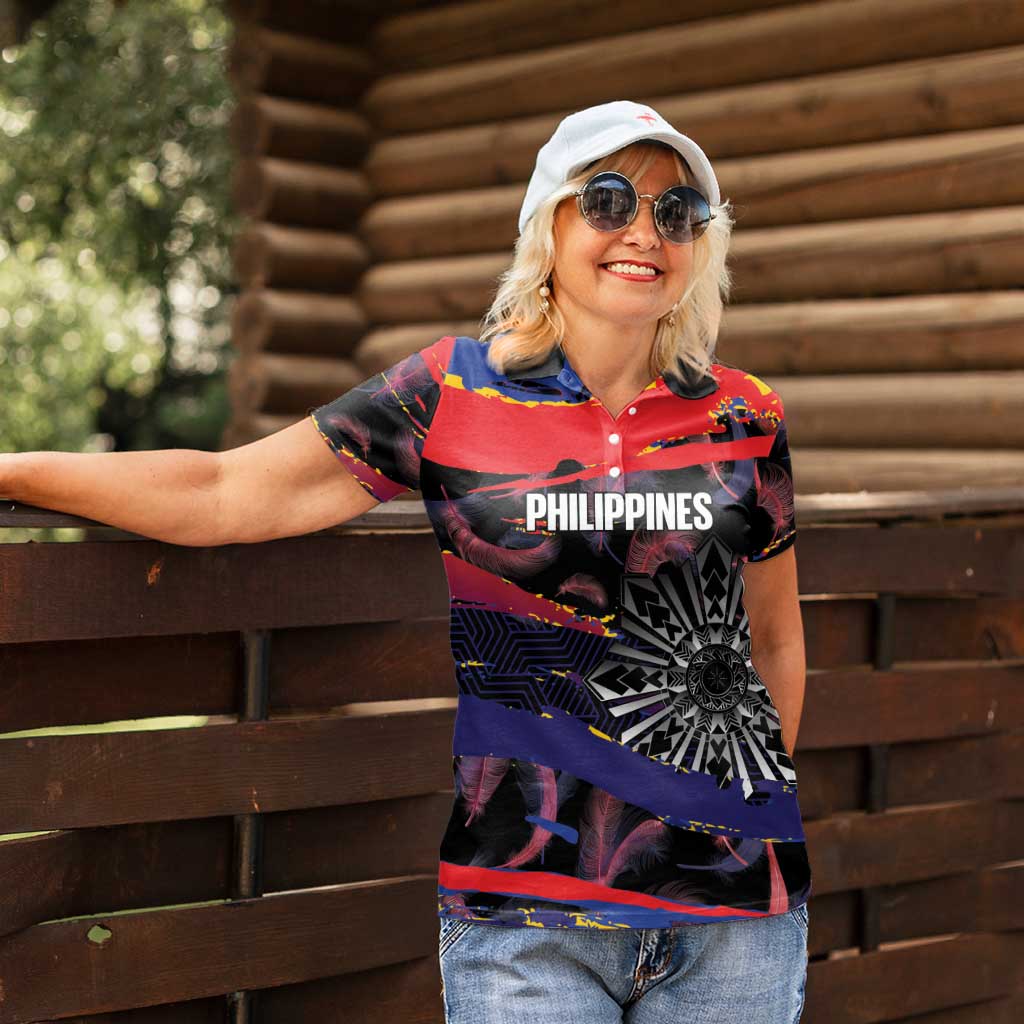 Personalised Philippines Sun Tattoo Women Polo Shirt Feathers Filipinas Grunge Style Black