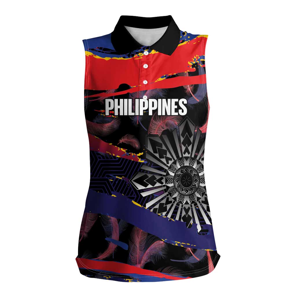 Personalised Philippines Sun Tattoo Women Sleeveless Polo Shirt Feathers Filipinas Grunge Style Black