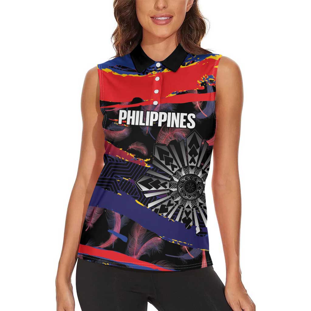 Personalised Philippines Sun Tattoo Women Sleeveless Polo Shirt Feathers Filipinas Grunge Style Black