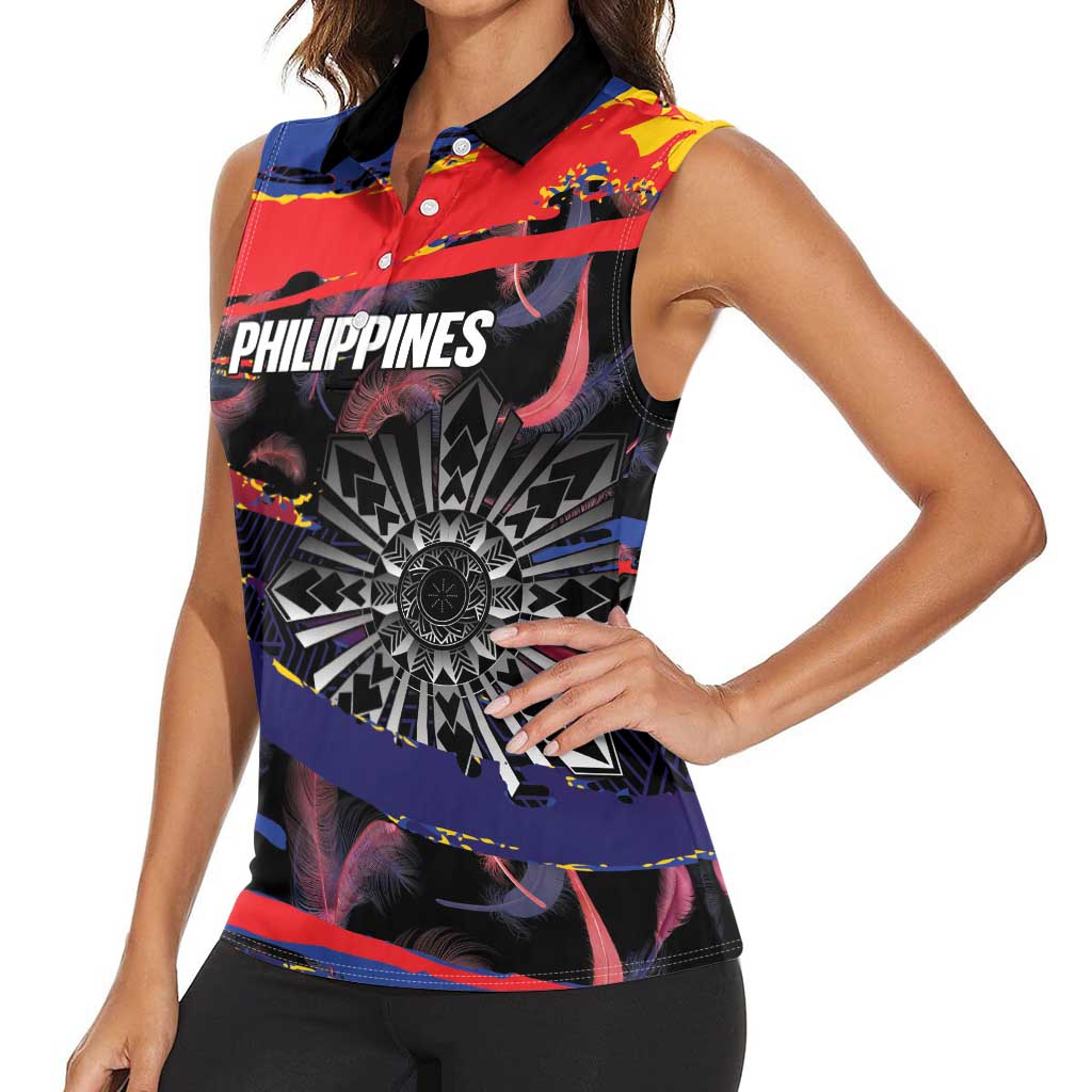 Personalised Philippines Sun Tattoo Women Sleeveless Polo Shirt Feathers Filipinas Grunge Style Black