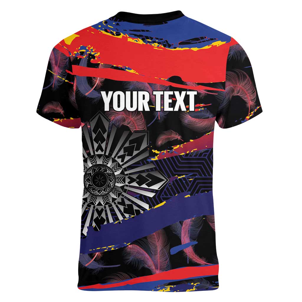 Personalised Philippines Sun Tattoo Women V-Neck T-Shirt Feathers Filipinas Grunge Style Black