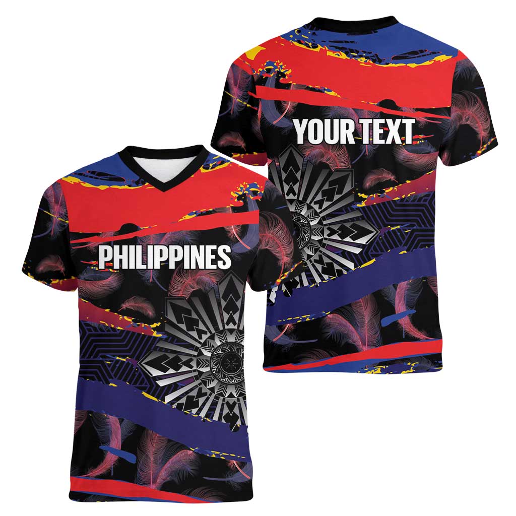 Personalised Philippines Sun Tattoo Women V-Neck T-Shirt Feathers Filipinas Grunge Style Black