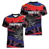 Personalised Philippines Sun Tattoo Women V-Neck T-Shirt Feathers Filipinas Grunge Style Black