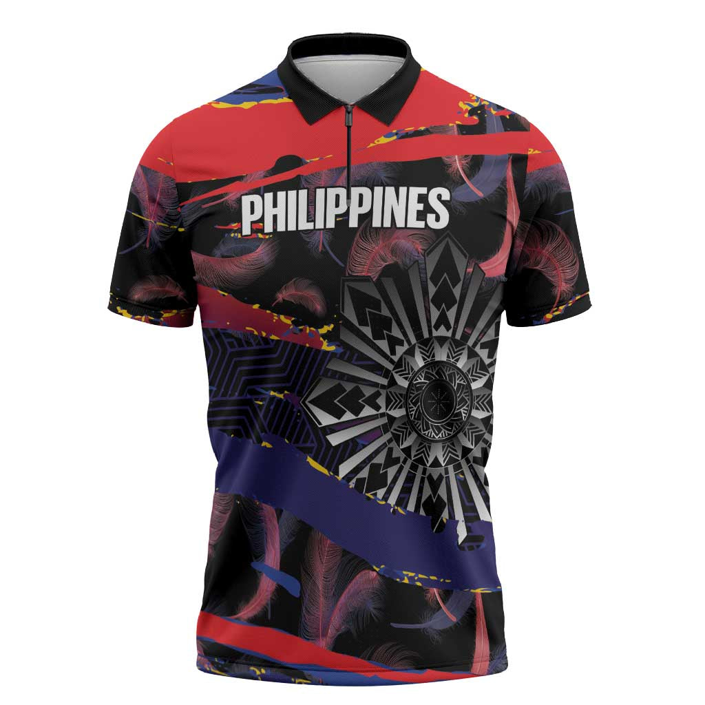Personalised Philippines Sun Tattoo Zipper Polo Shirt Feathers Filipinas Grunge Style Black