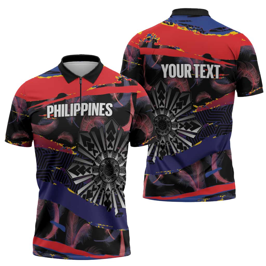 Personalised Philippines Sun Tattoo Zipper Polo Shirt Feathers Filipinas Grunge Style Black