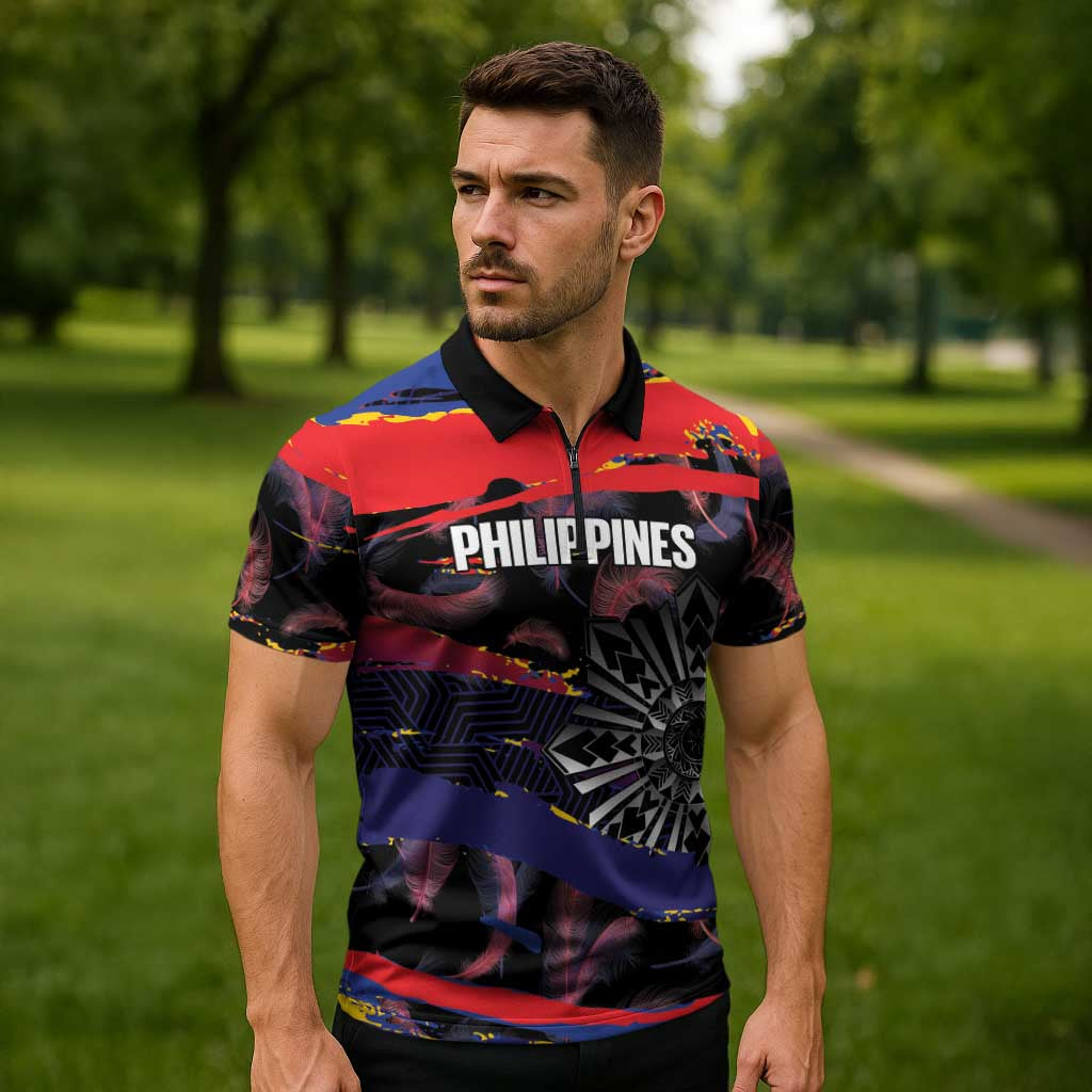 Personalised Philippines Sun Tattoo Zipper Polo Shirt Feathers Filipinas Grunge Style Black