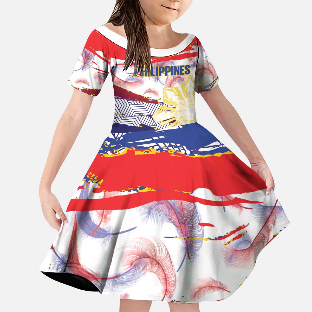 Personalised Philippines Sun Tattoo Kid Short Sleeve Dress Feathers Filipinas Grunge Style White