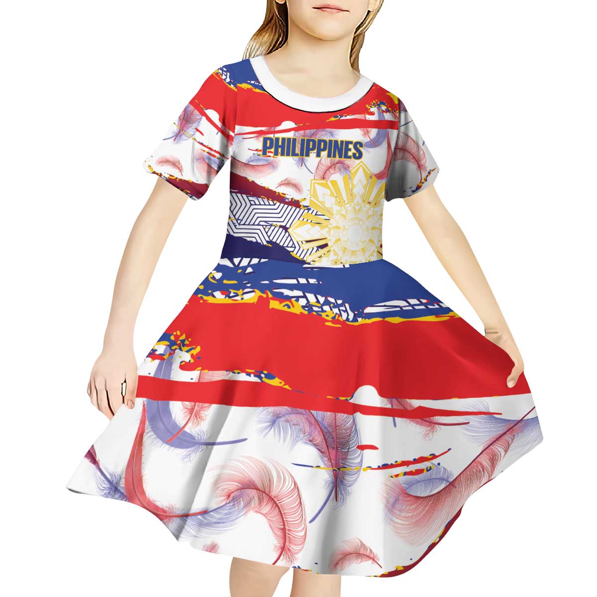 Personalised Philippines Sun Tattoo Kid Short Sleeve Dress Feathers Filipinas Grunge Style White