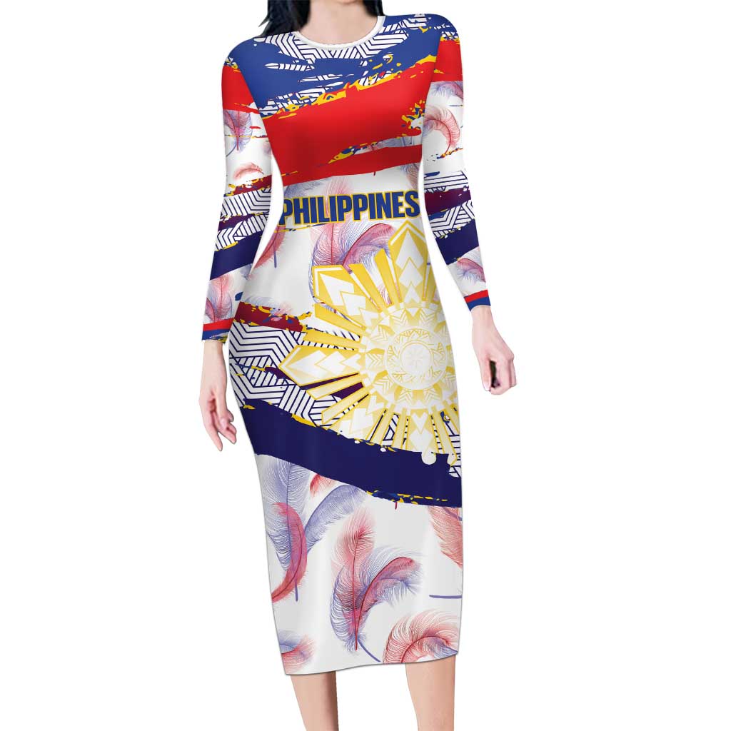 Personalised Philippines Sun Tattoo Long Sleeve Bodycon Dress Feathers Filipinas Grunge Style White