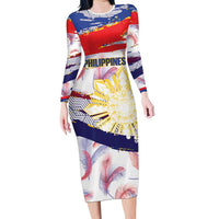 Personalised Philippines Sun Tattoo Long Sleeve Bodycon Dress Feathers Filipinas Grunge Style White