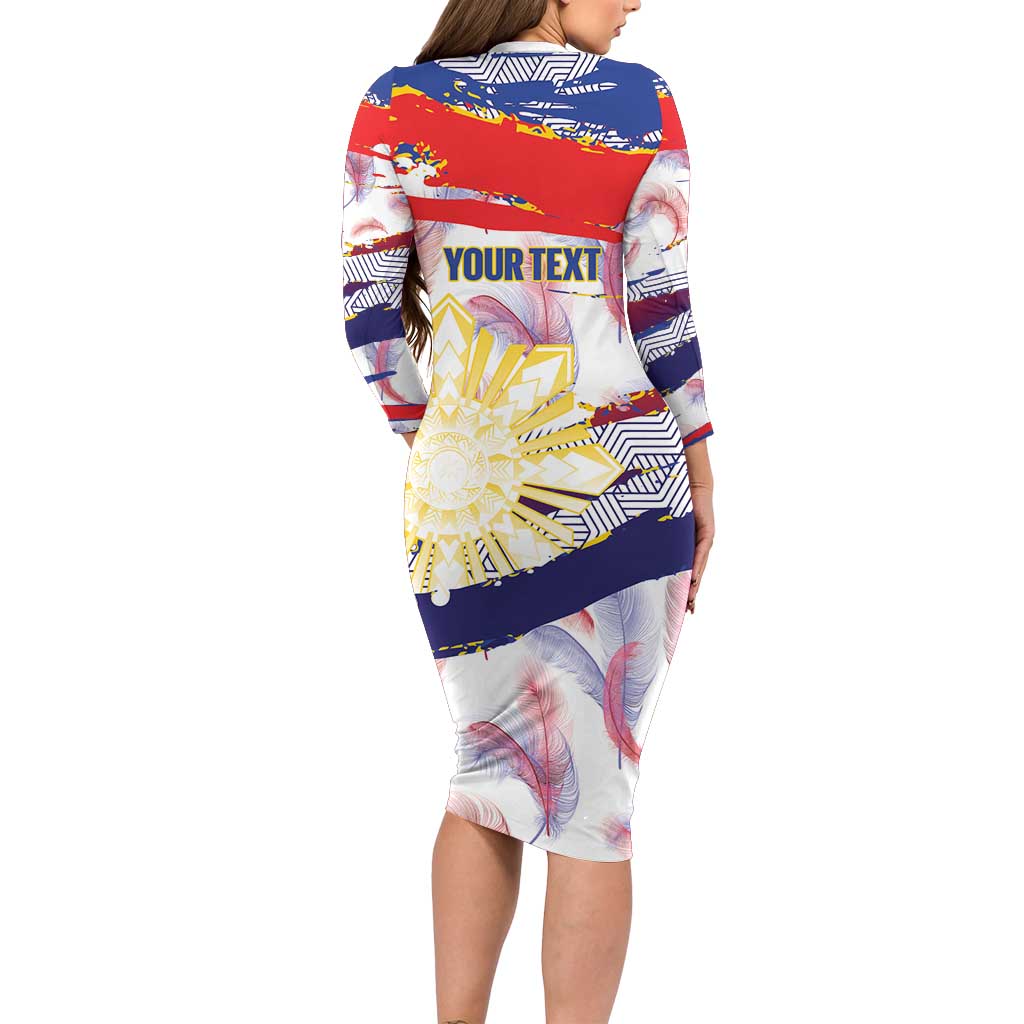 Personalised Philippines Sun Tattoo Long Sleeve Bodycon Dress Feathers Filipinas Grunge Style White