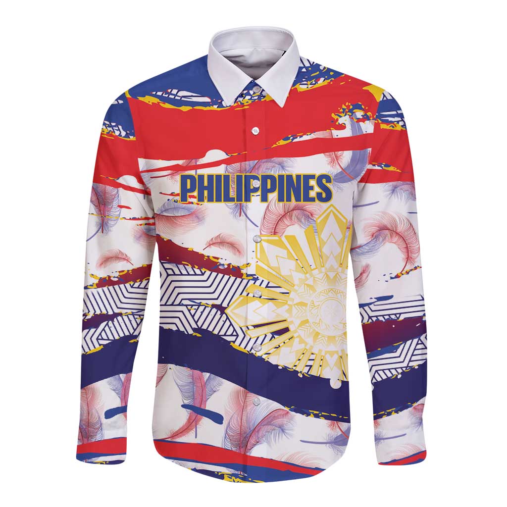 Personalised Philippines Sun Tattoo Long Sleeve Button Shirt Feathers Filipinas Grunge Style White