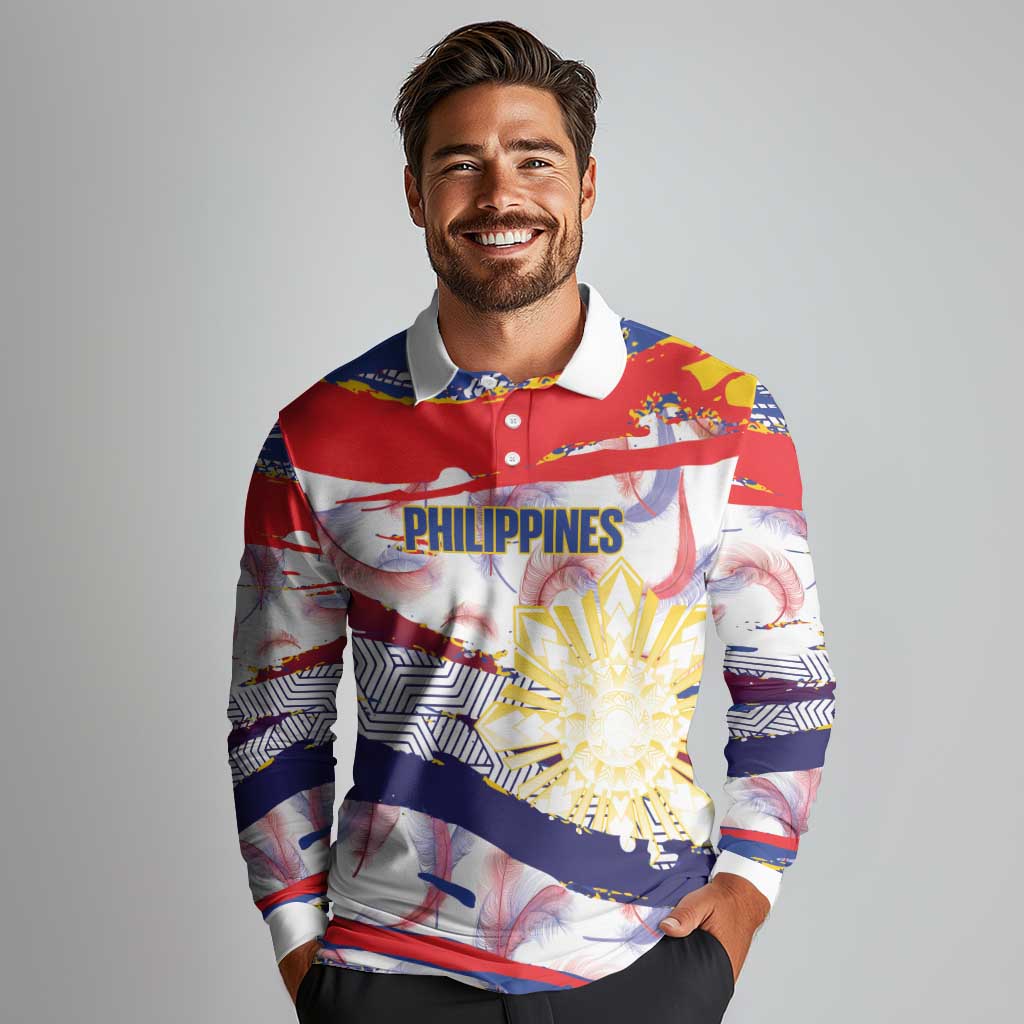 Personalised Philippines Sun Tattoo Long Sleeve Polo Shirt Feathers Filipinas Grunge Style White