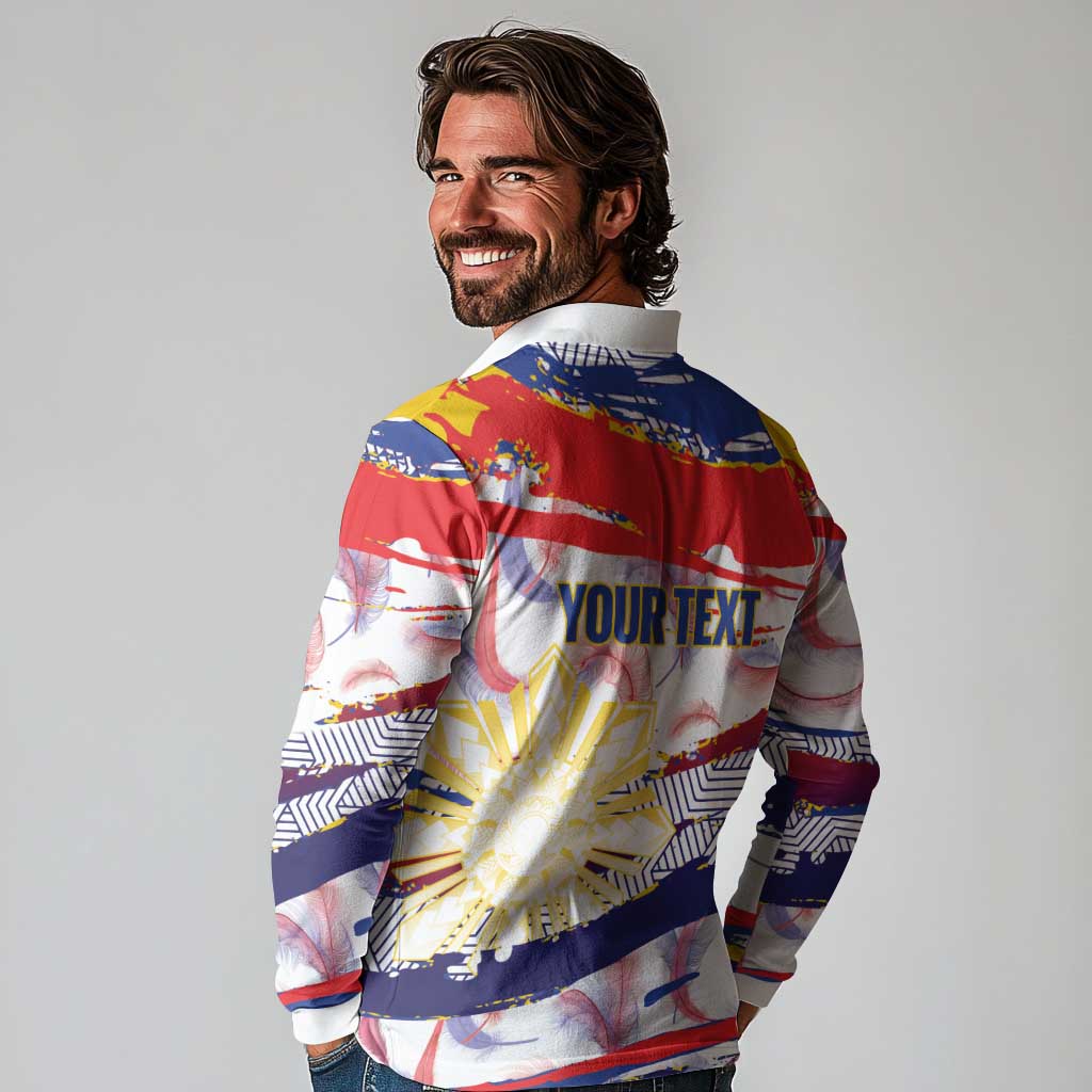 Personalised Philippines Sun Tattoo Long Sleeve Polo Shirt Feathers Filipinas Grunge Style White