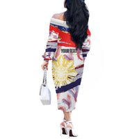 Personalised Philippines Sun Tattoo Off The Shoulder Long Sleeve Dress Feathers Filipinas Grunge Style White