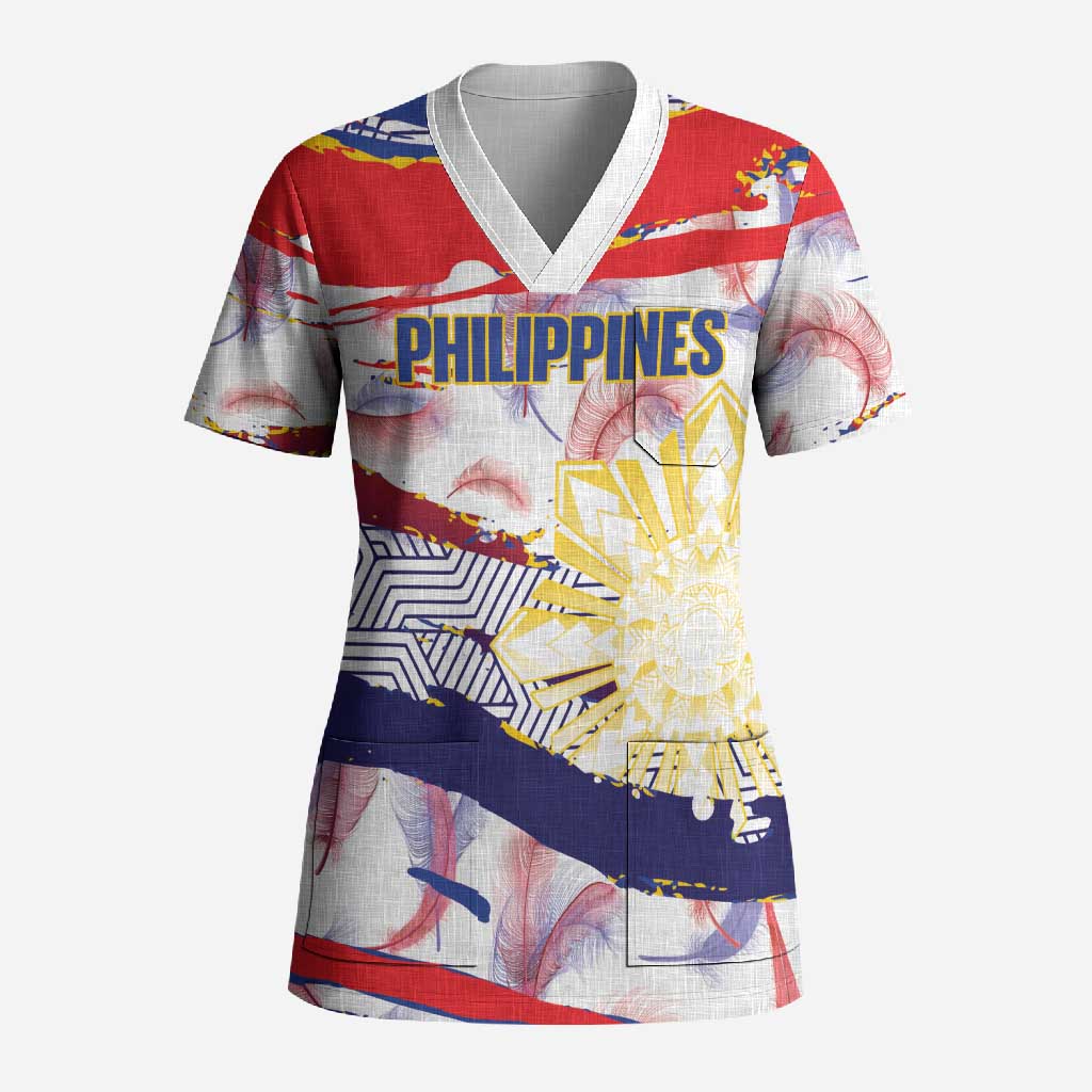 Personalised Philippines Sun Tattoo Scrub Top Feathers Filipinas Grunge Style White
