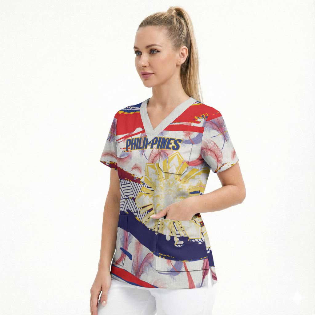 Personalised Philippines Sun Tattoo Scrub Top Feathers Filipinas Grunge Style White