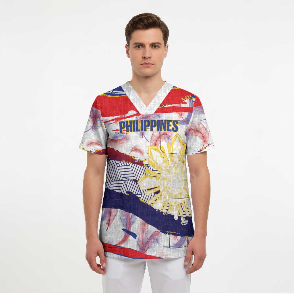 Personalised Philippines Sun Tattoo Scrub Top Feathers Filipinas Grunge Style White