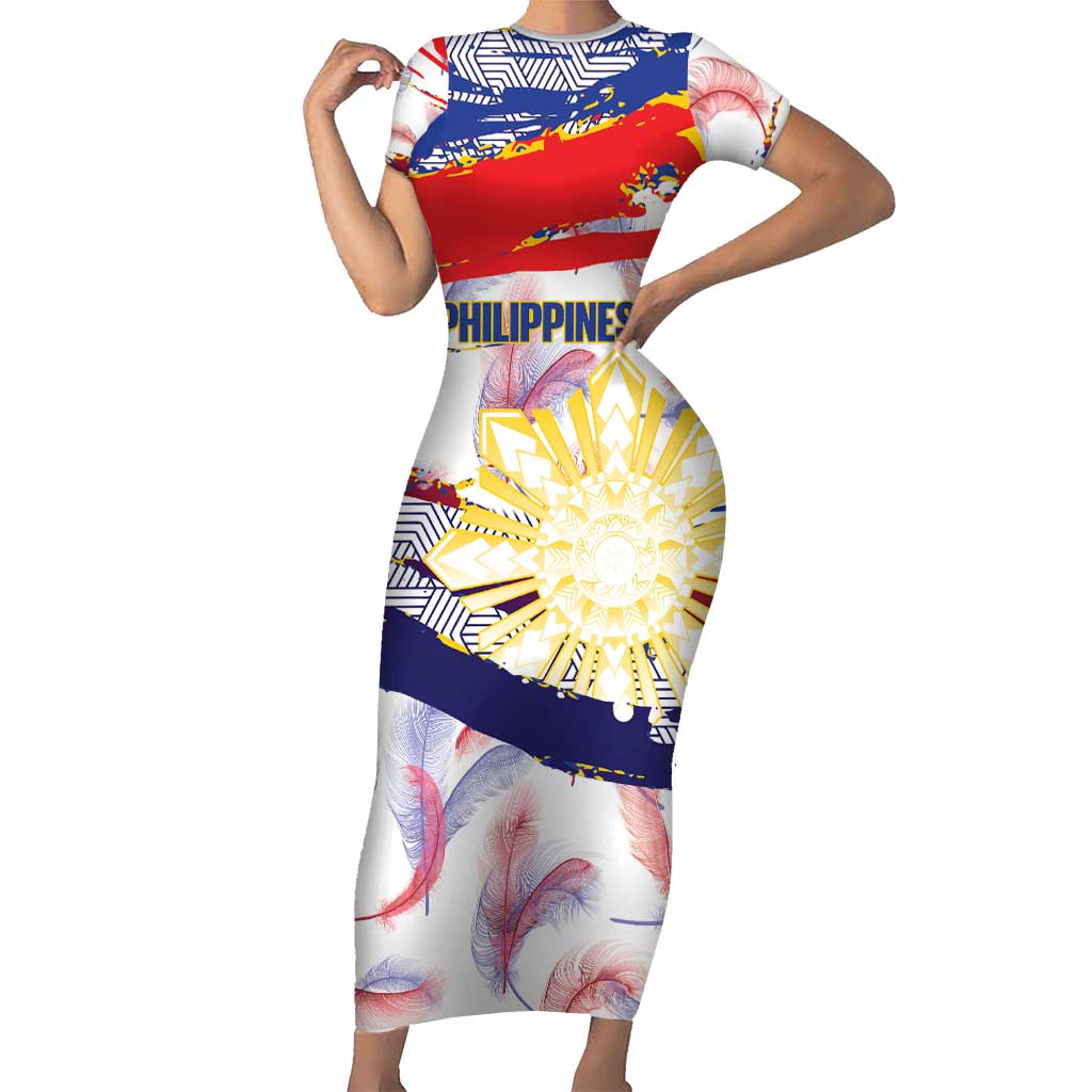 Personalised Philippines Sun Tattoo Short Sleeve Bodycon Dress Feathers Filipinas Grunge Style White