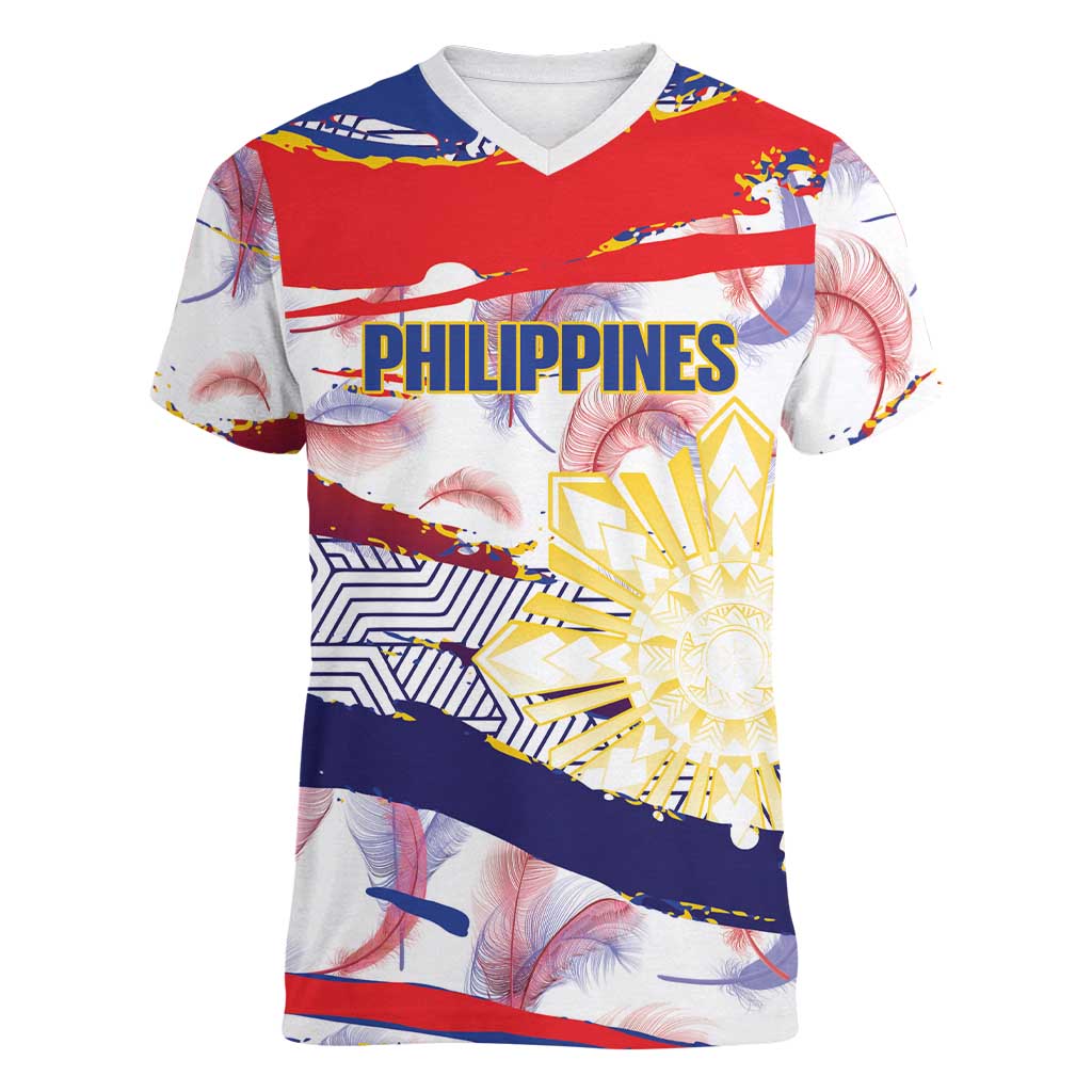 Personalised Philippines Sun Tattoo Women V-Neck T-Shirt Feathers Filipinas Grunge Style White
