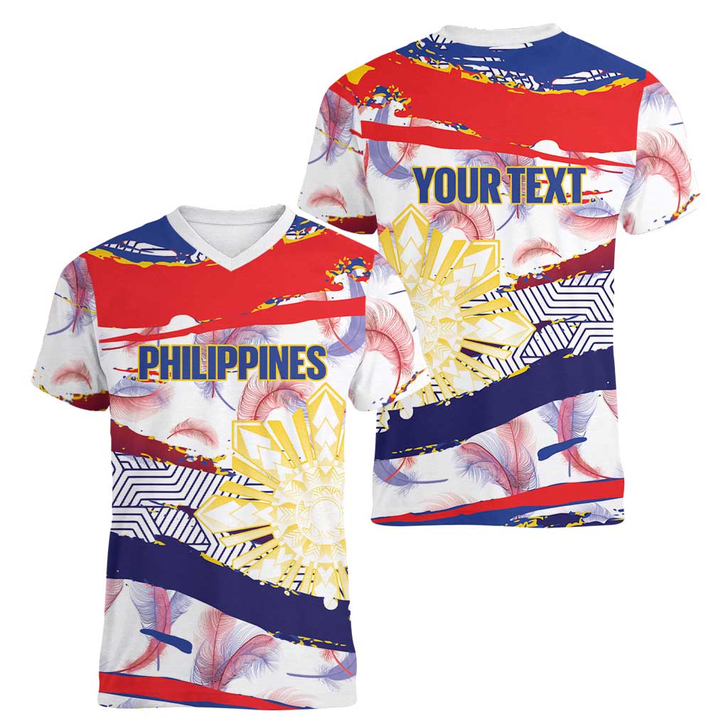 Personalised Philippines Sun Tattoo Women V-Neck T-Shirt Feathers Filipinas Grunge Style White