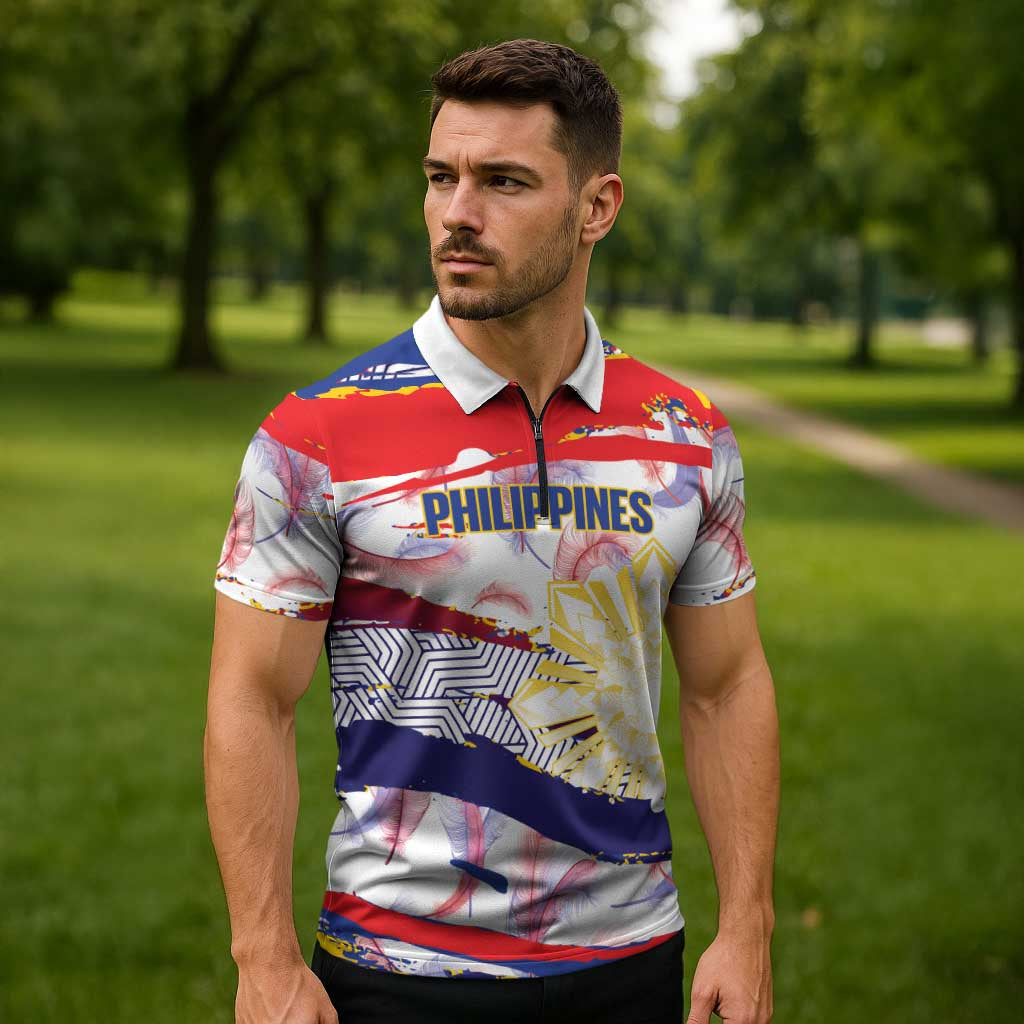 Personalised Philippines Sun Tattoo Zipper Polo Shirt Feathers Filipinas Grunge Style White
