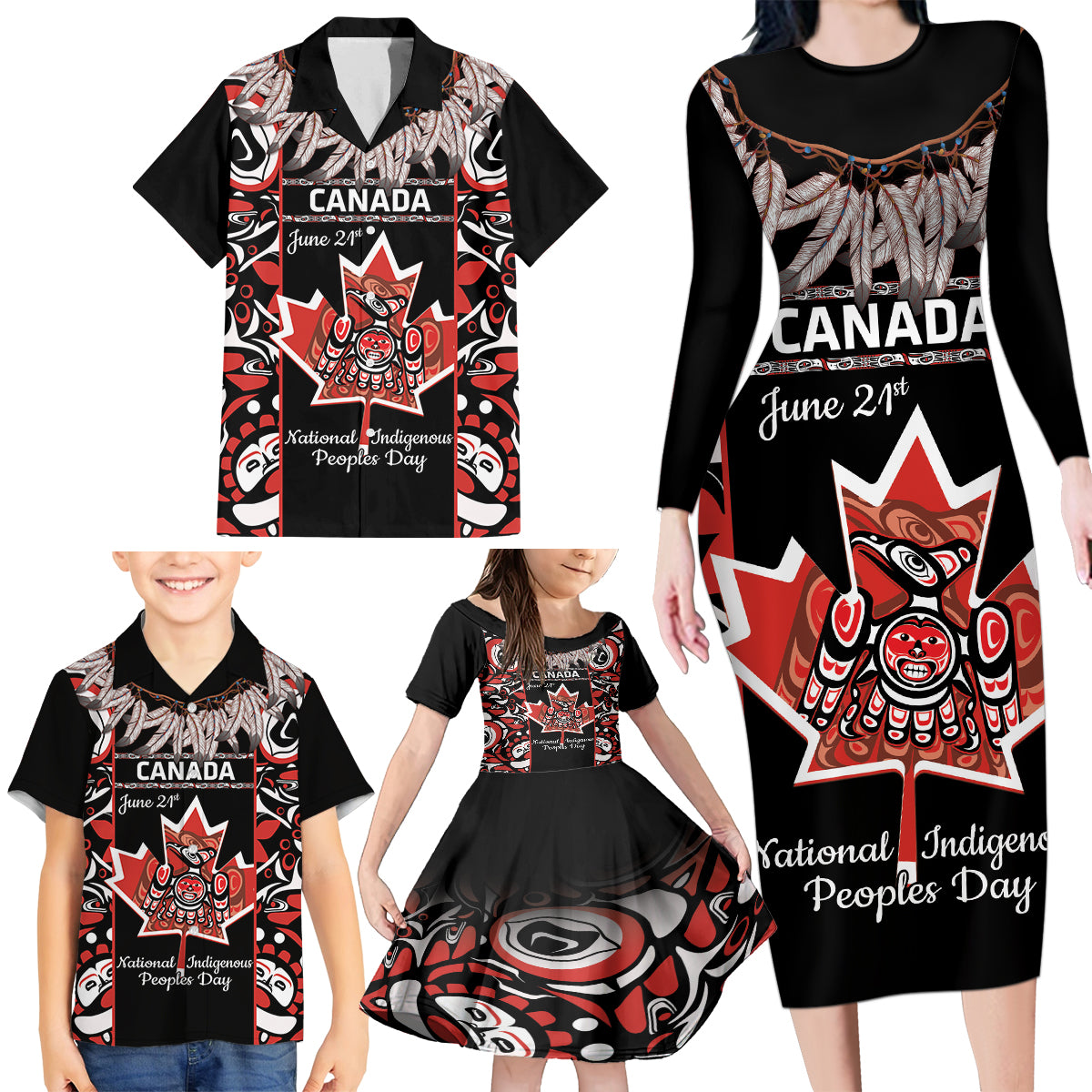 Canada National Aboriginal Day Family Matching Long Sleeve Bodycon Dress and Hawaiian Shirt Canadian Indigenous Haida - Canada National Aboriginal Day Family Matching Long Sleeve Bodycon Dress and Hawaiian Shirt Canadian Indigenous Haida -