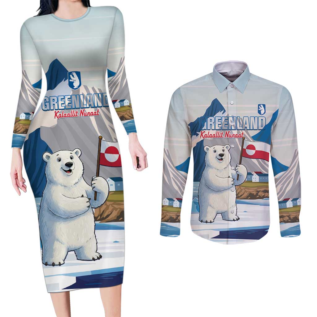 Greenland Couples Matching Long Sleeve Bodycon Dress and Long Sleeve Button Shirt Kalaallit Nunaat Polar Bear