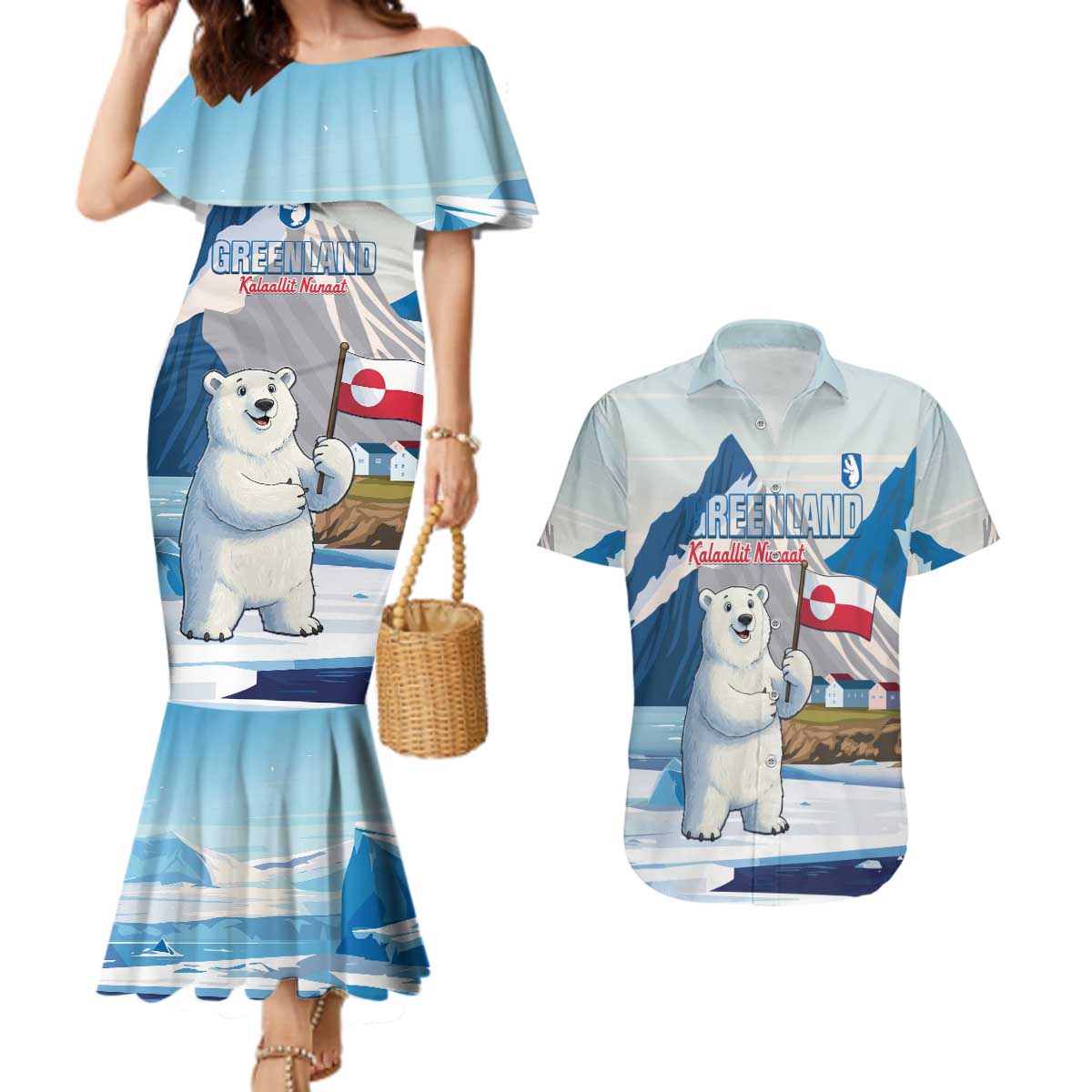 Greenland Couples Matching Mermaid Dress and Hawaiian Shirt Kalaallit Nunaat Polar Bear