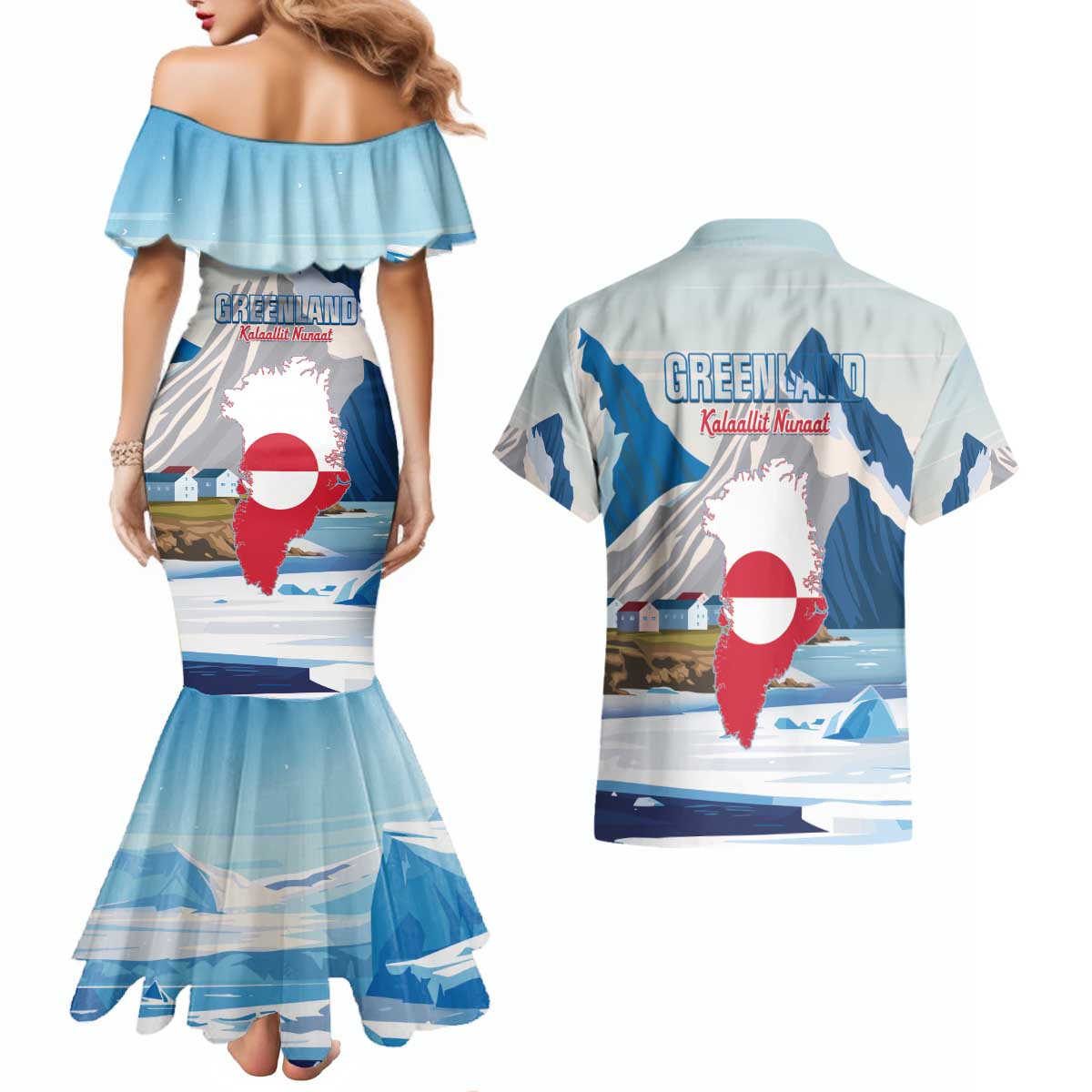Greenland Couples Matching Mermaid Dress and Hawaiian Shirt Kalaallit Nunaat Polar Bear
