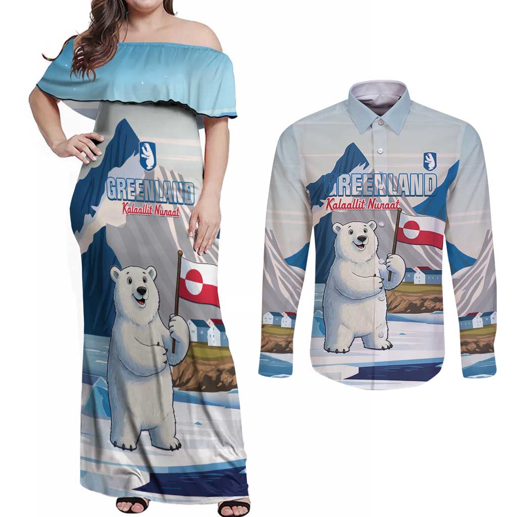 Greenland Couples Matching Off Shoulder Maxi Dress and Long Sleeve Button Shirt Kalaallit Nunaat Polar Bear