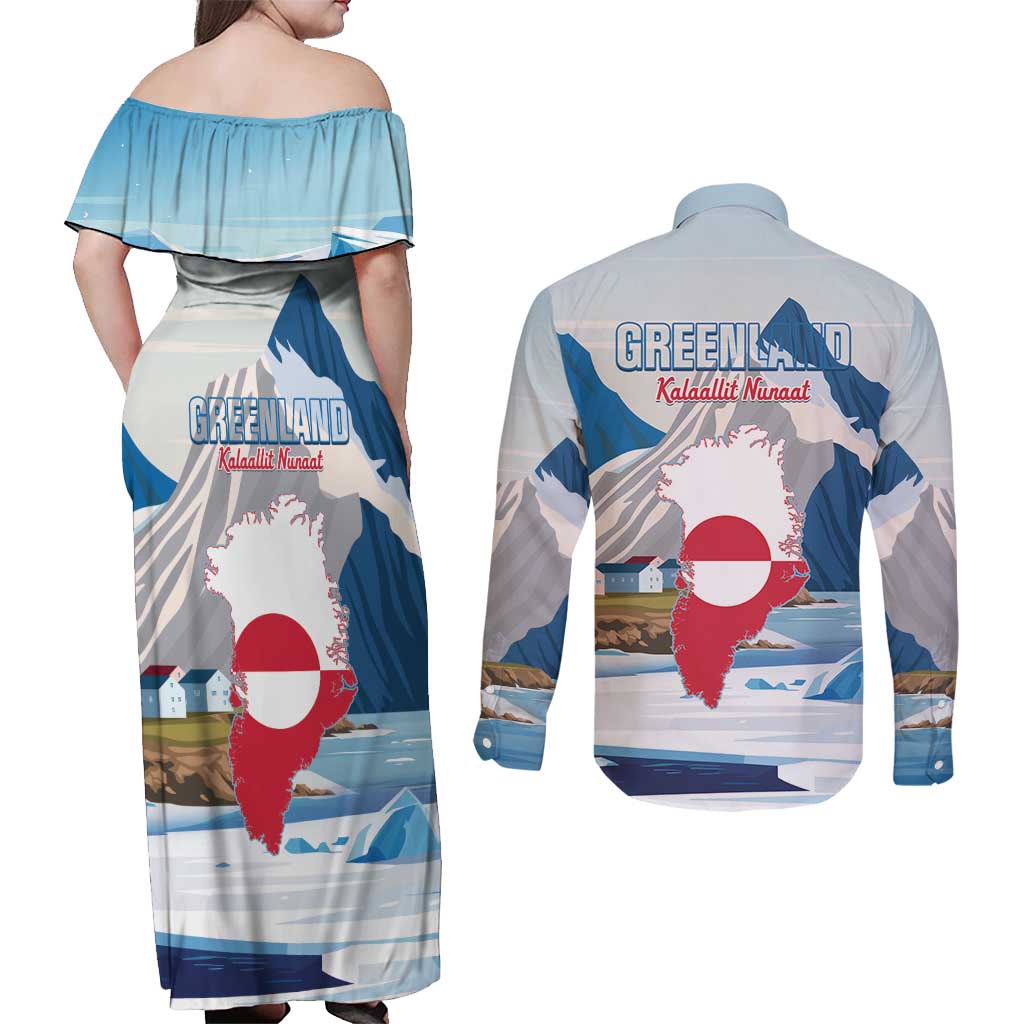 Greenland Couples Matching Off Shoulder Maxi Dress and Long Sleeve Button Shirt Kalaallit Nunaat Polar Bear