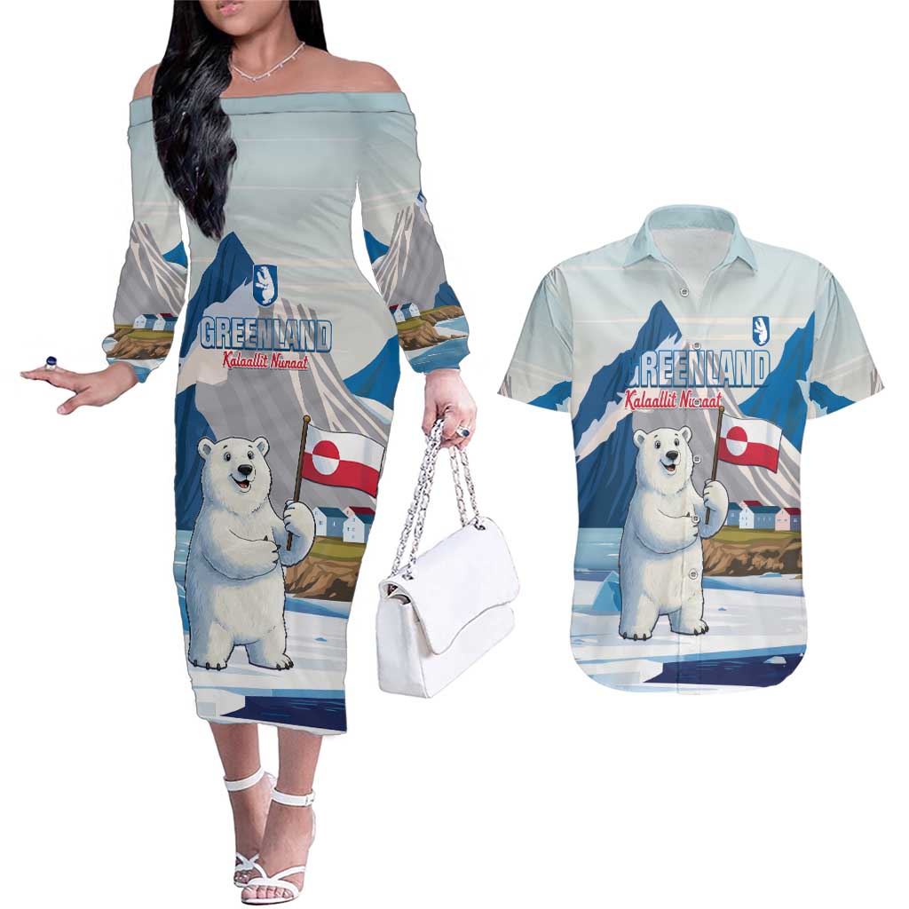 Greenland Couples Matching Off The Shoulder Long Sleeve Dress and Hawaiian Shirt Kalaallit Nunaat Polar Bear