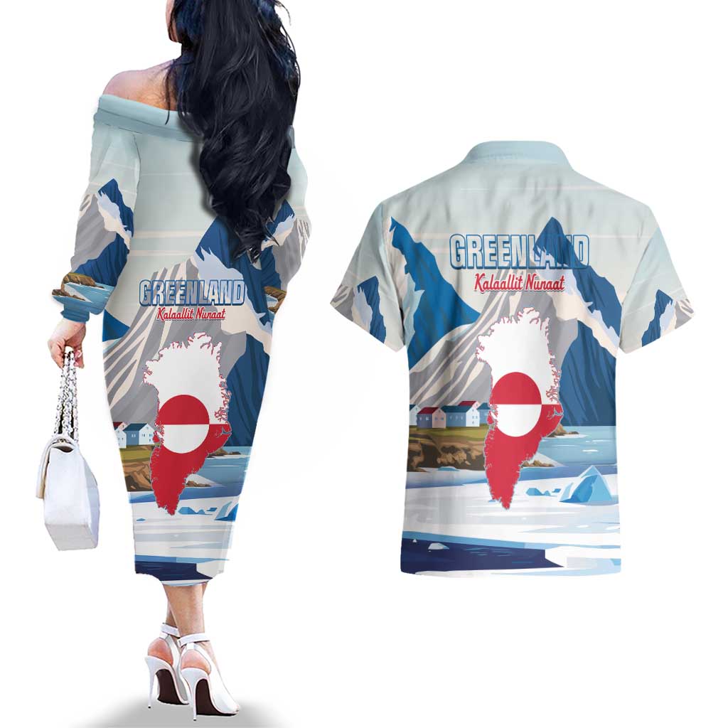 Greenland Couples Matching Off The Shoulder Long Sleeve Dress and Hawaiian Shirt Kalaallit Nunaat Polar Bear