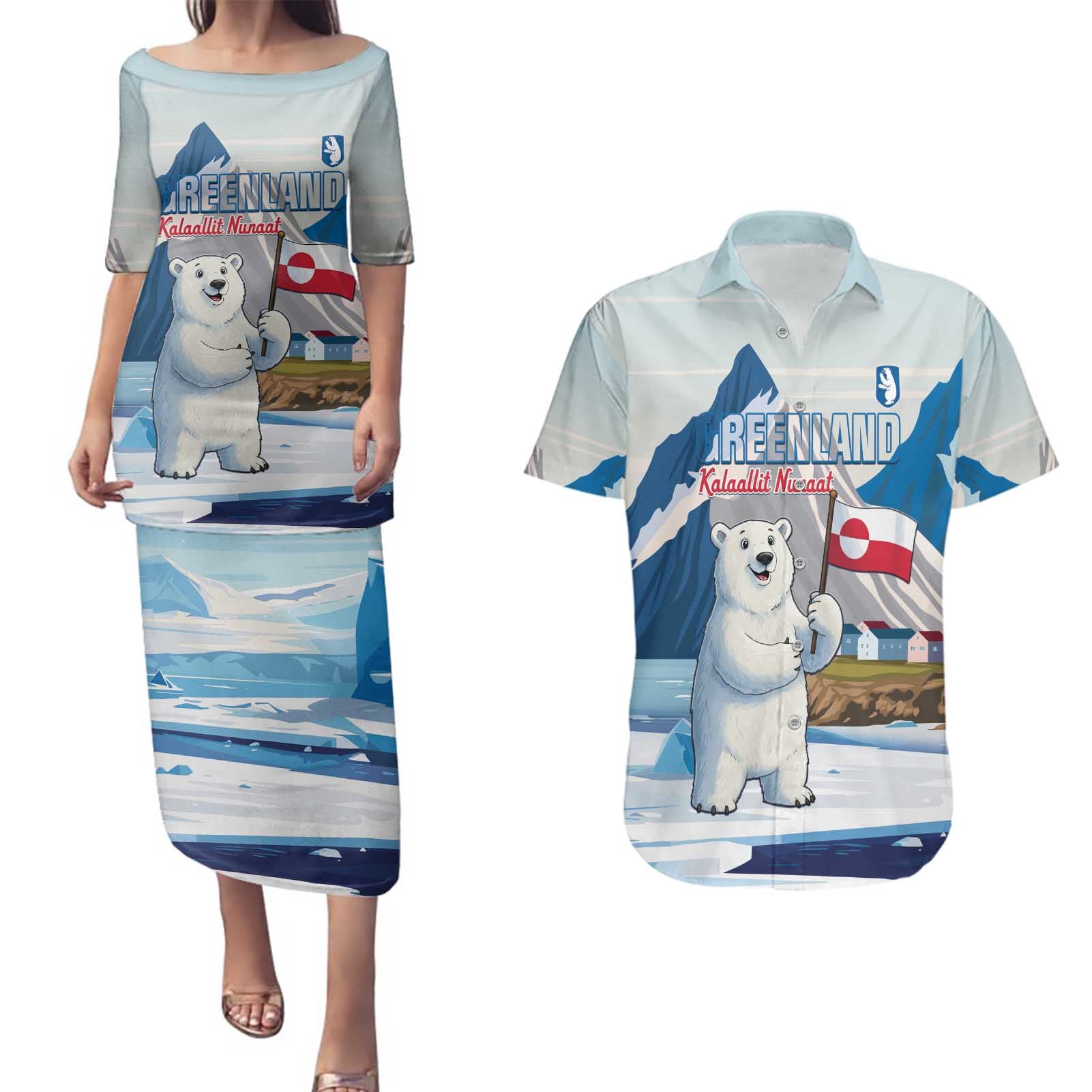 Greenland Couples Matching Puletasi and Hawaiian Shirt Kalaallit Nunaat Polar Bear