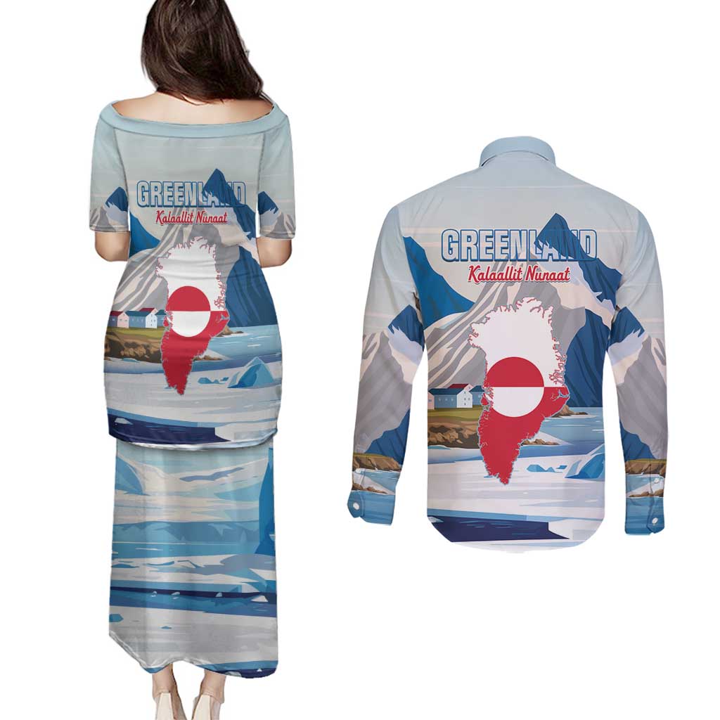 Greenland Couples Matching Puletasi and Long Sleeve Button Shirt Kalaallit Nunaat Polar Bear