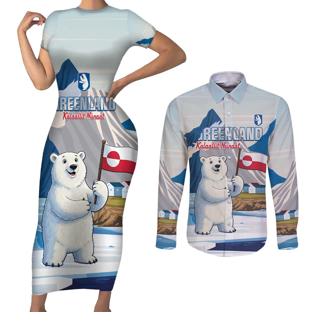 Greenland Couples Matching Short Sleeve Bodycon Dress and Long Sleeve Button Shirt Kalaallit Nunaat Polar Bear